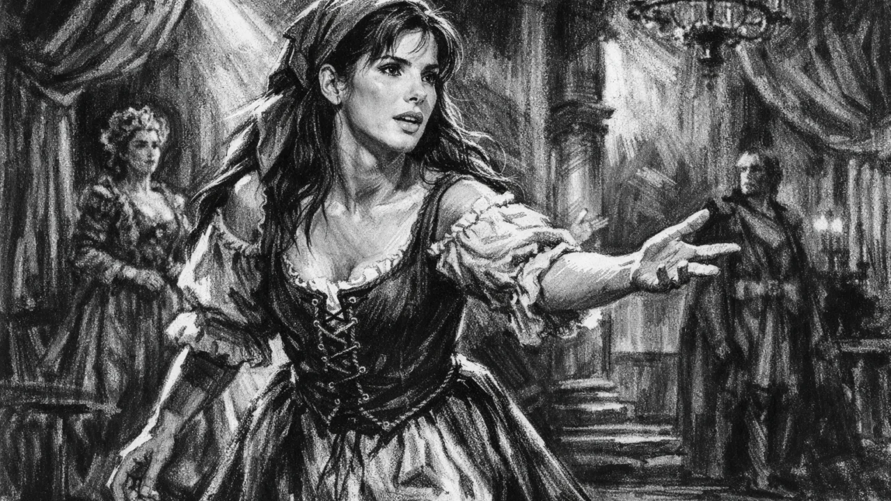 Sandra Bullock u mladim danima na opernoj pozornici, ilustrirana u ugalj stilu s naglašenim kazališnim ugođajem