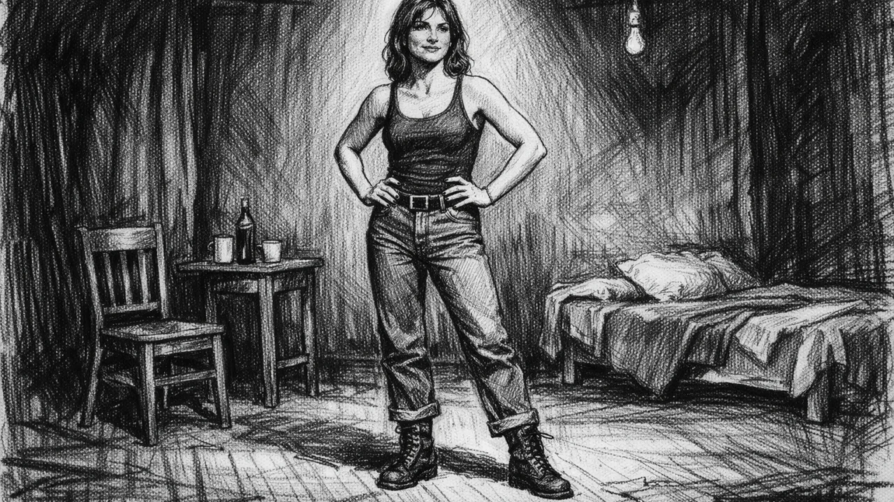 Sandra Bullock na Off-Broadway pozornici, prikazana u ugalj stilu s naglašenom kazališnom scenom