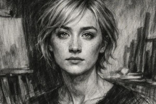 Portret Saoirse Ronan u crno-bijelom ugljenom stilu, visoki kontrast i izražajne linije u umjetničkom studiju