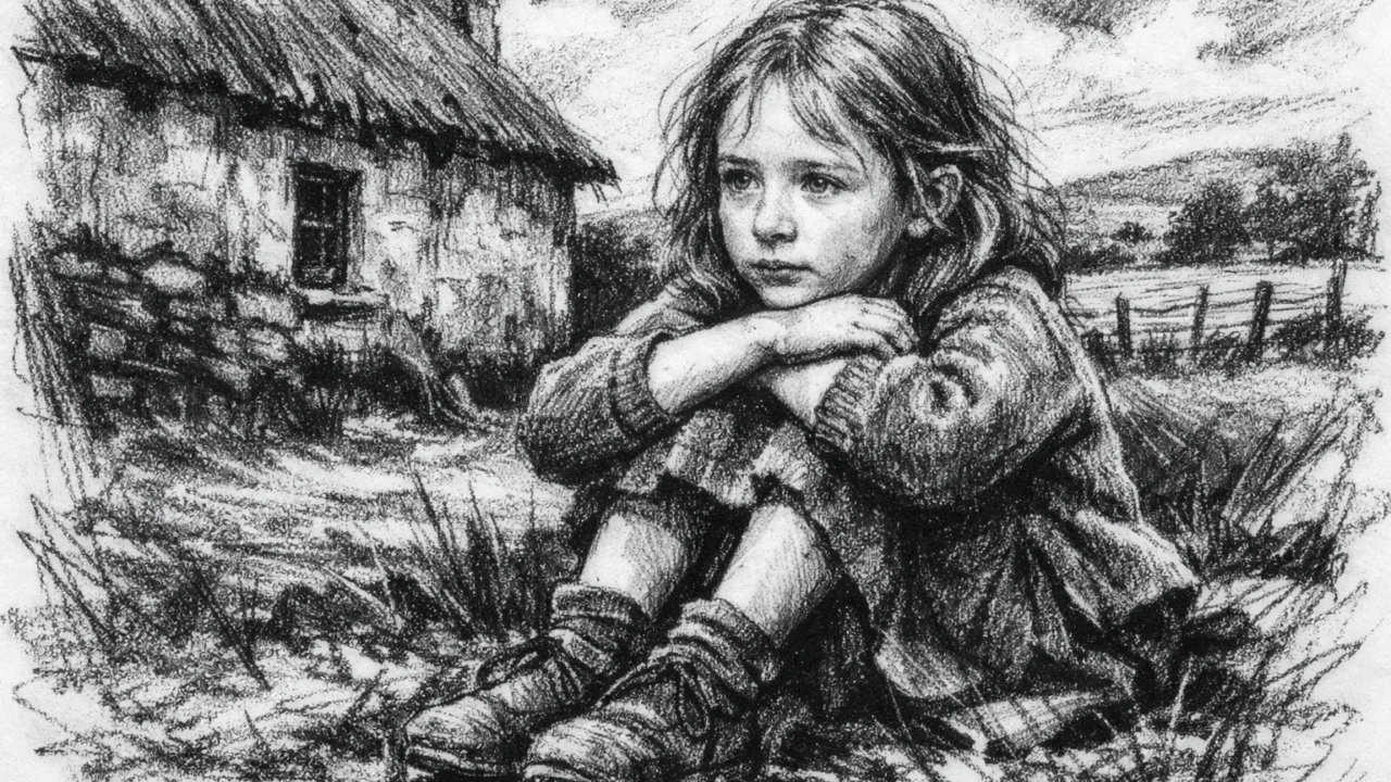 Prikaz ranog djetinjstva Saoirse Ronan u ruralnoj Irskoj, nacrtano u ugljenom stilu s naglašenim kontrastom