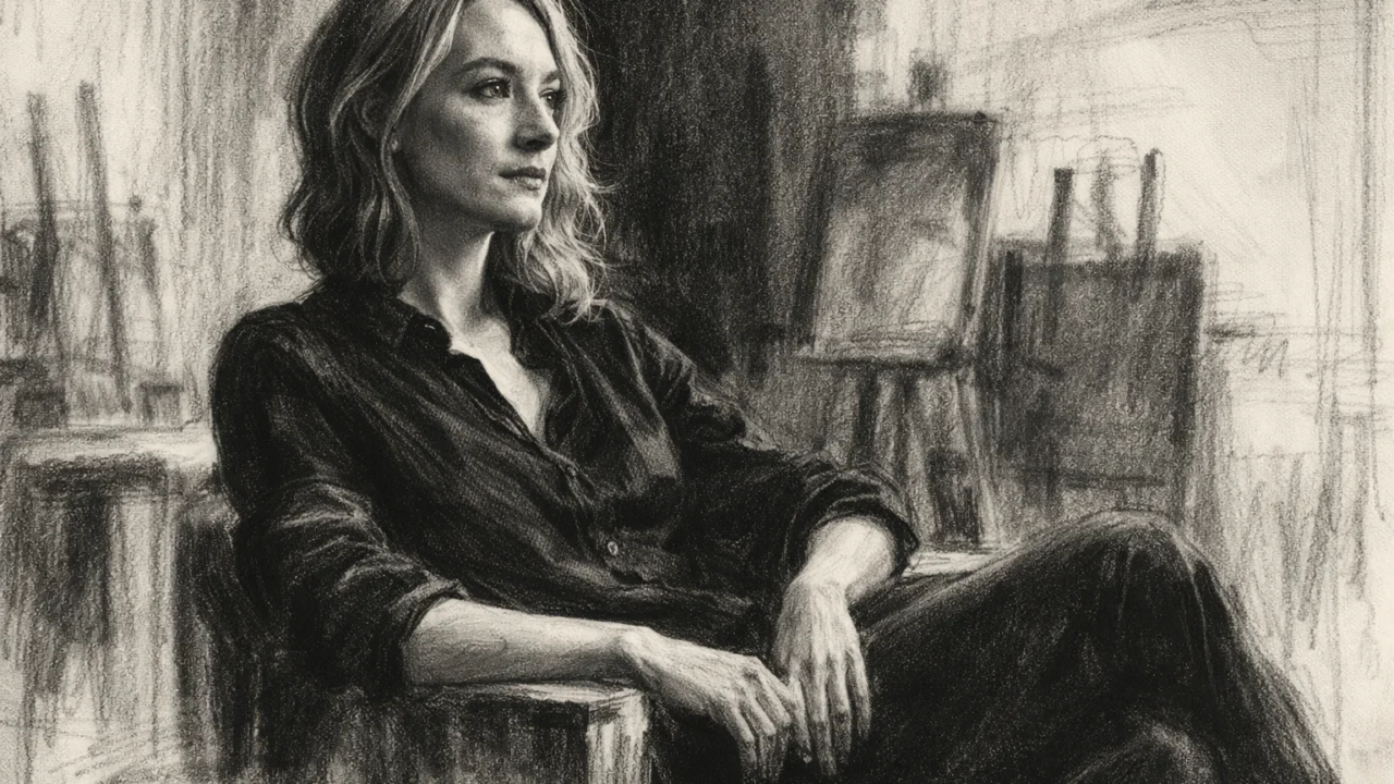 Zrela Saoirse Ronan u mirnoj introspektivnoj sceni, nacrtana u ujednačenom ugljenom stilu