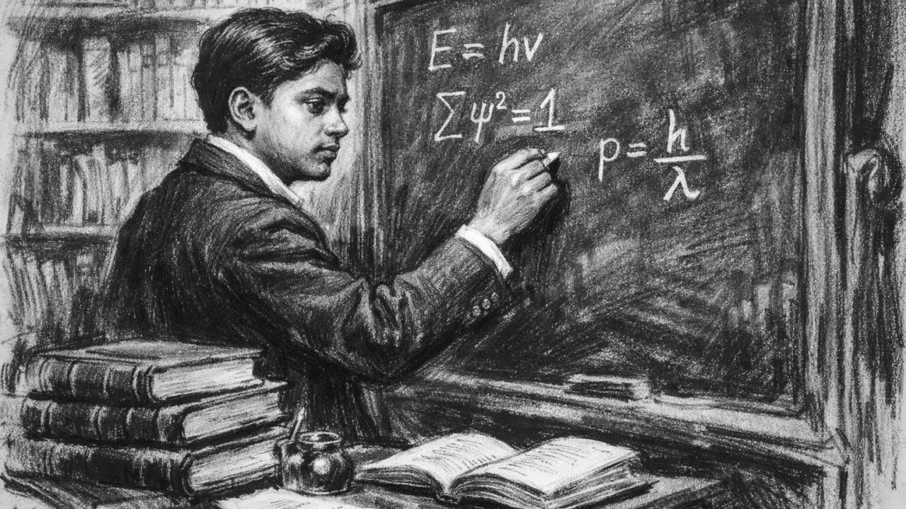 Mladi Satyendra Nath Bose tijekom studija u Calcutti prikazan u ugalj stilu, crno-bijeli crtež