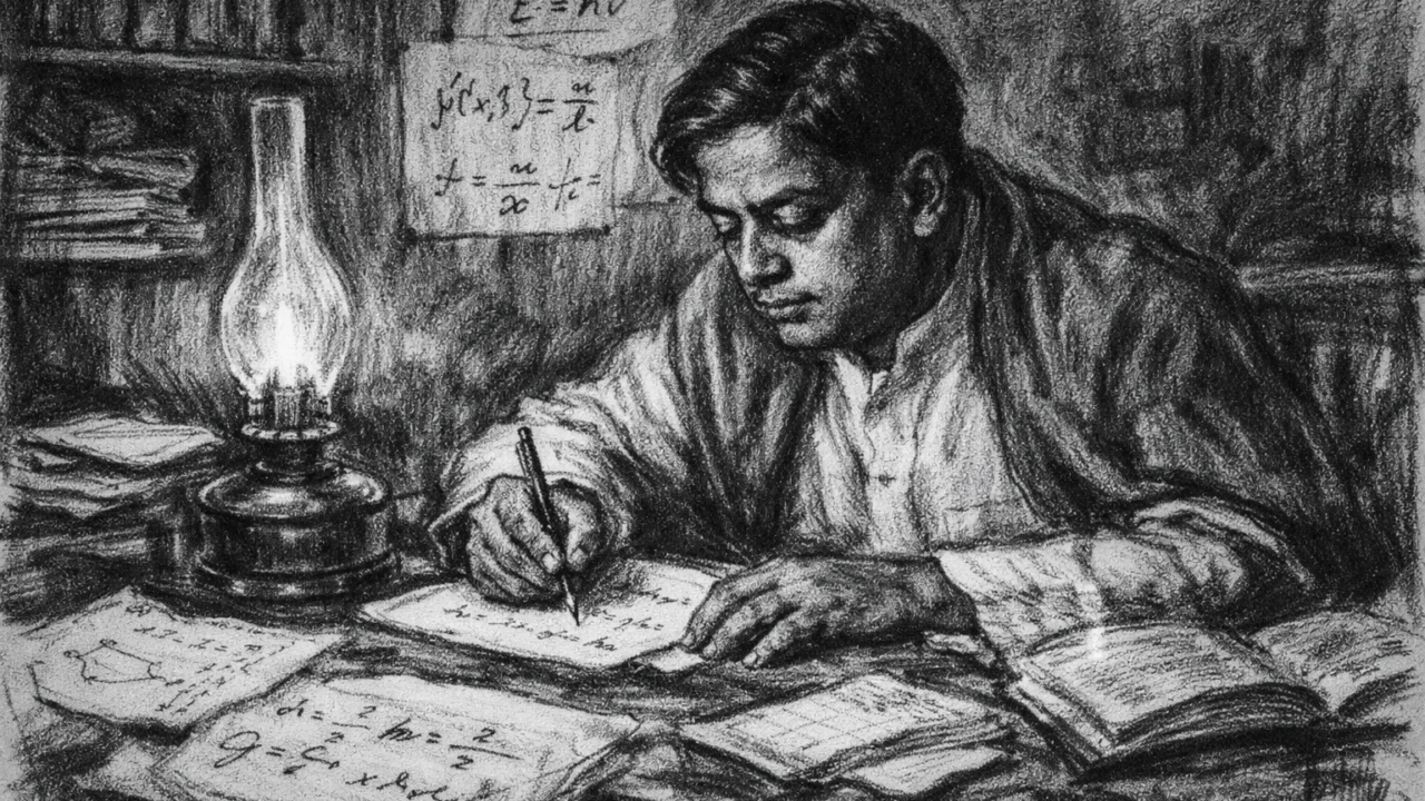 Satyendra Nath Bose kako noću radi na znanstvenim jednadžbama, ugalj stil s jakim kontrastom
