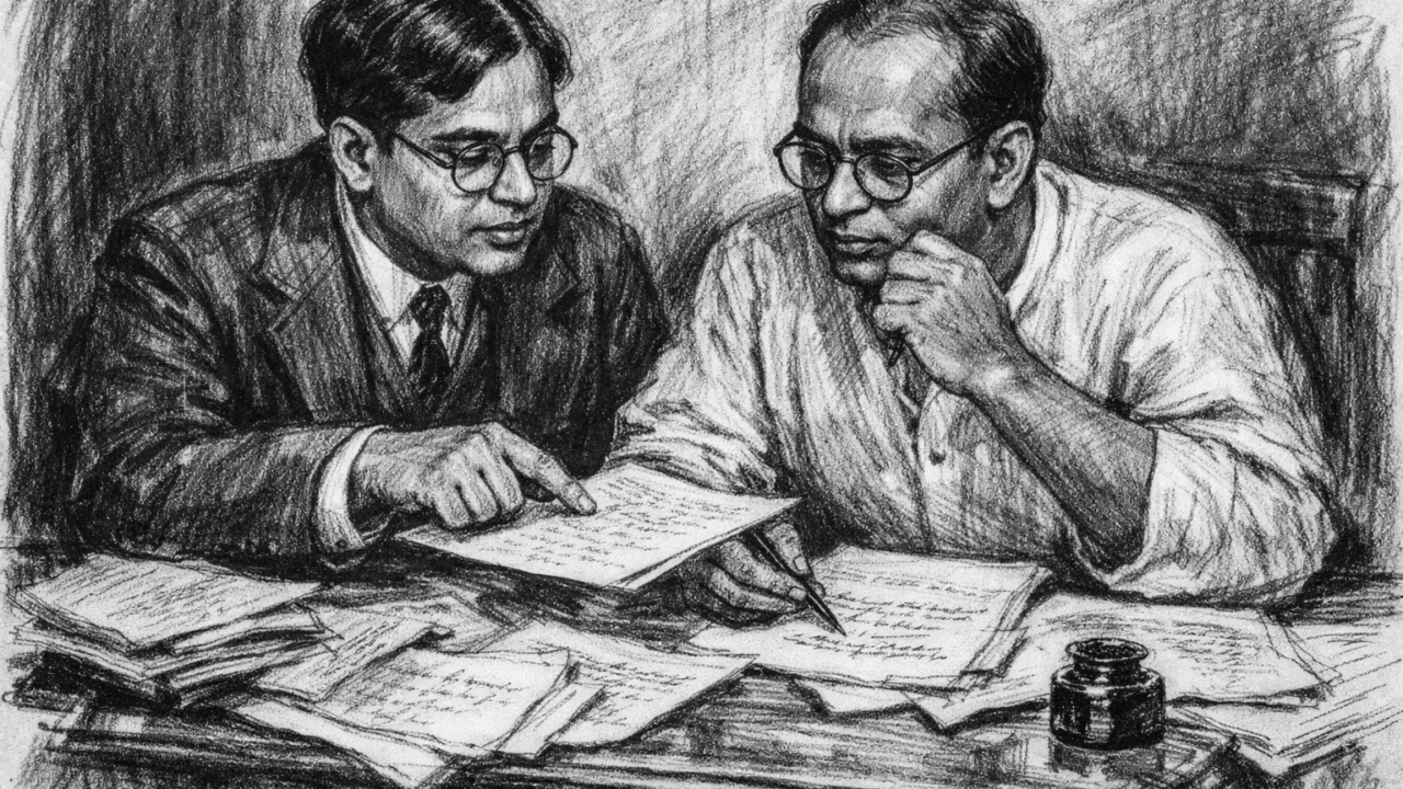 Satyendra Nath Bose i Meghnad Saha u znanstvenoj suradnji, prikazani u ugalj stilu