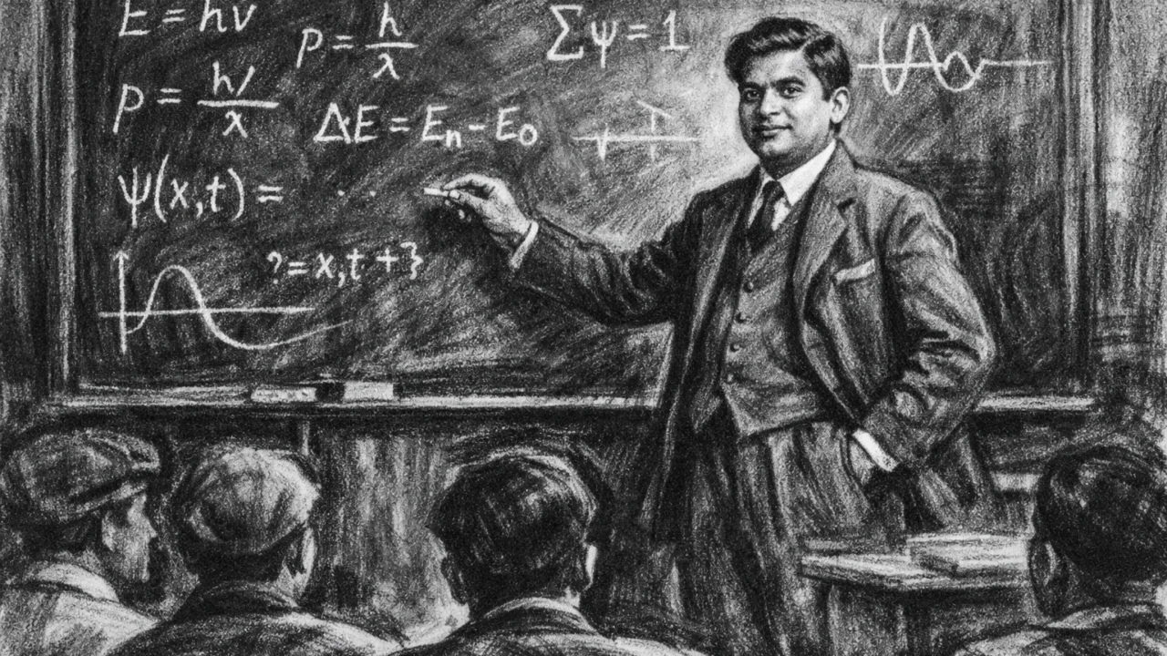 Profesor Satyendra Nath Bose predaje fiziku na sveučilištu, ilustracija u ugalj stilu