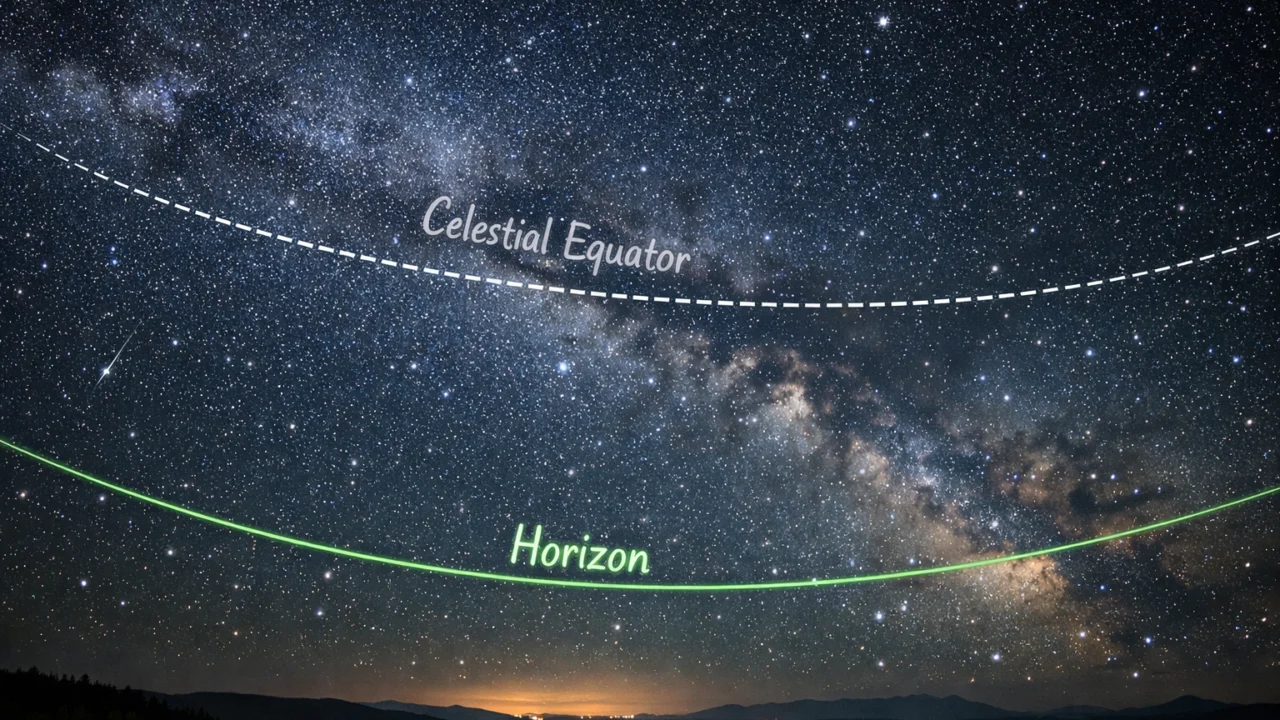 Prikaz nebeskog ekvatora i horizonta na noćnom nebu za lakše razumijevanje kretanja zvijezda