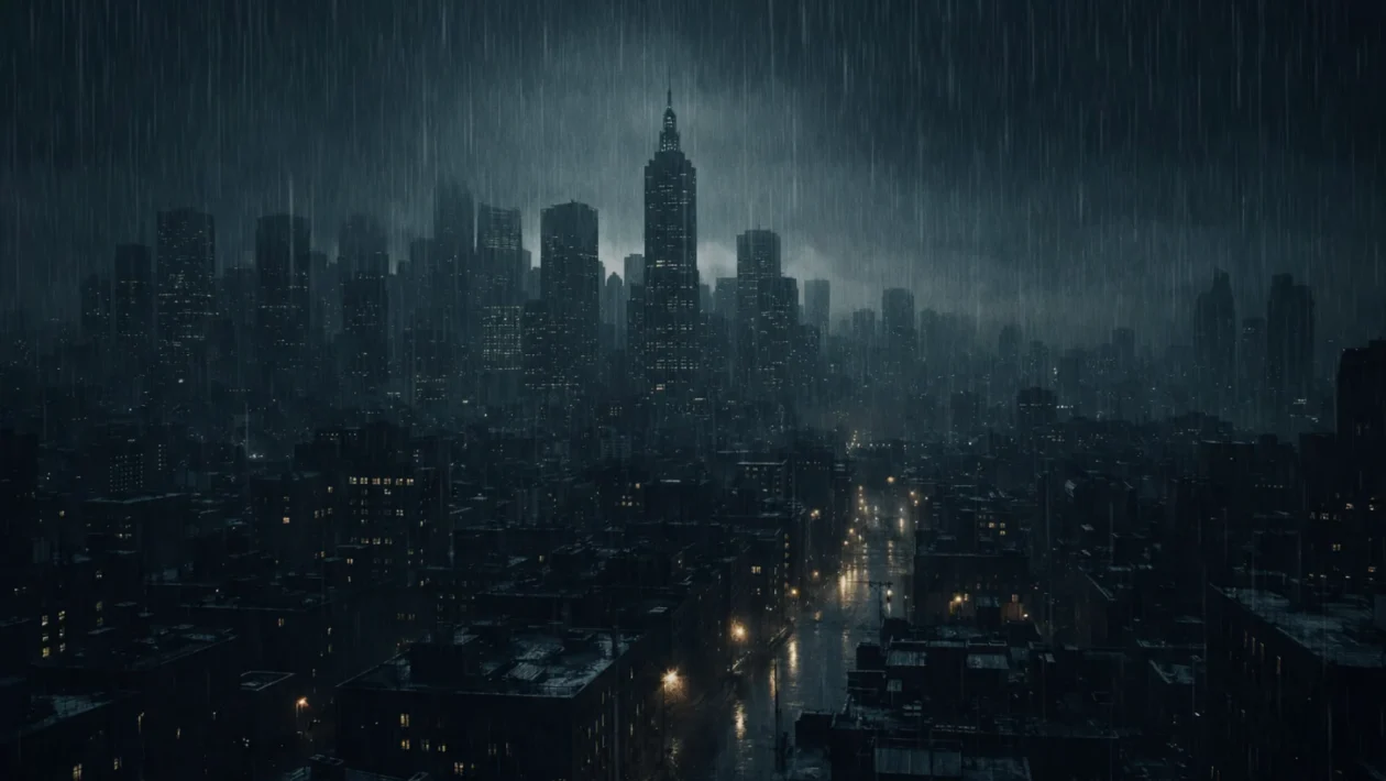 Mračni gradski pejzaž inspiriran filmom Se7en, kiša i sumorna atmosfera kriminalističkog trilera