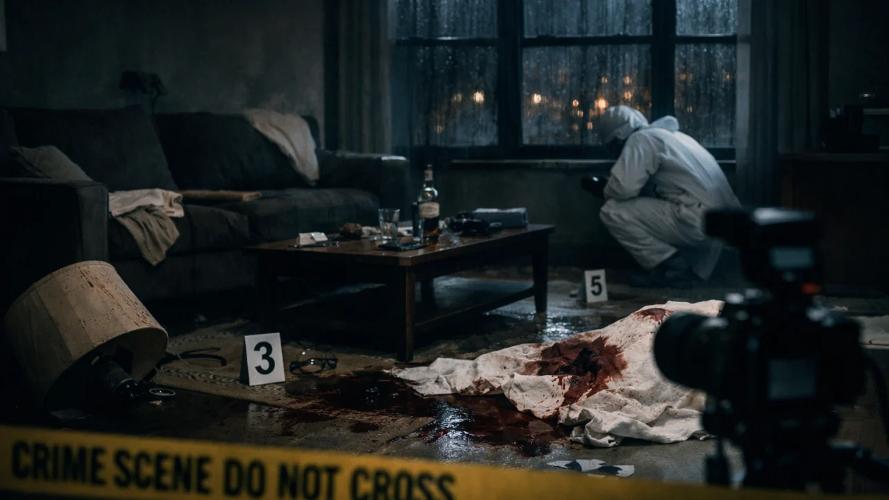 Interijer mjesta zločina u stilu filma Se7en s tamnim osvjetljenjem i osjećajem nelagode