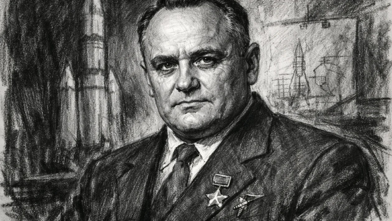 Hero portret Sergeya Koroljeva u ugalj stilu, crno-bijeli visoki kontrast s izražajnim linijama.