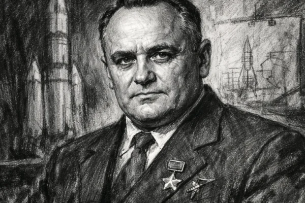 Hero portret Sergeya Koroljeva u ugalj stilu, crno-bijeli visoki kontrast s izražajnim linijama.