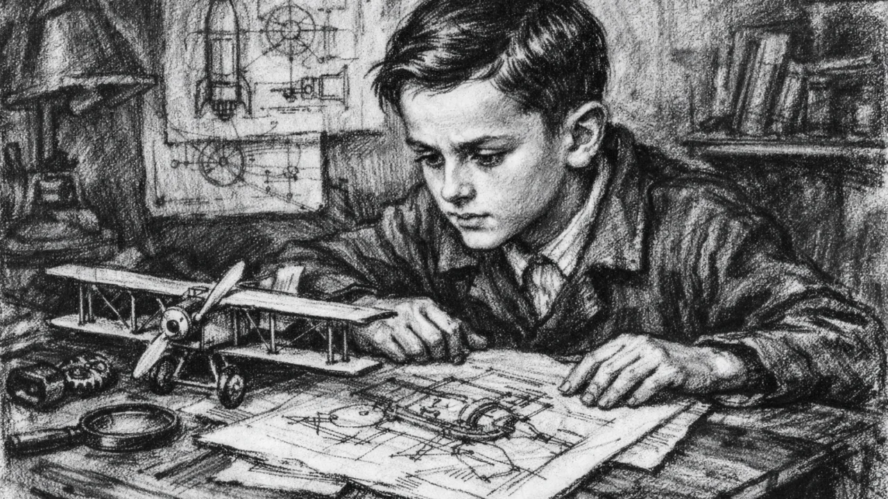 Sergey Korolev kao dječak koji proučava mehaniku, prikazano u ugalj stilu s izraženim kontrastom.