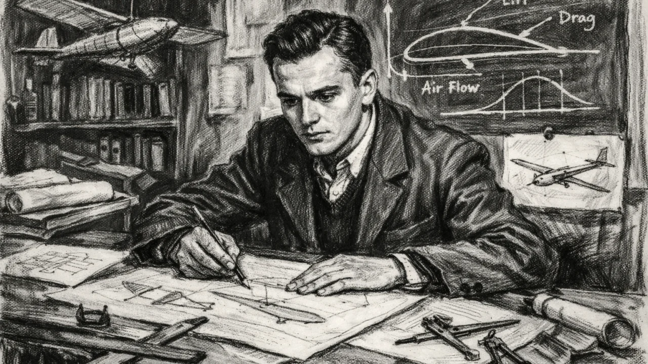 Prikaz Sergeya Koroljeva tijekom studija inženjerstva, nacrtan u ugalj stilu.