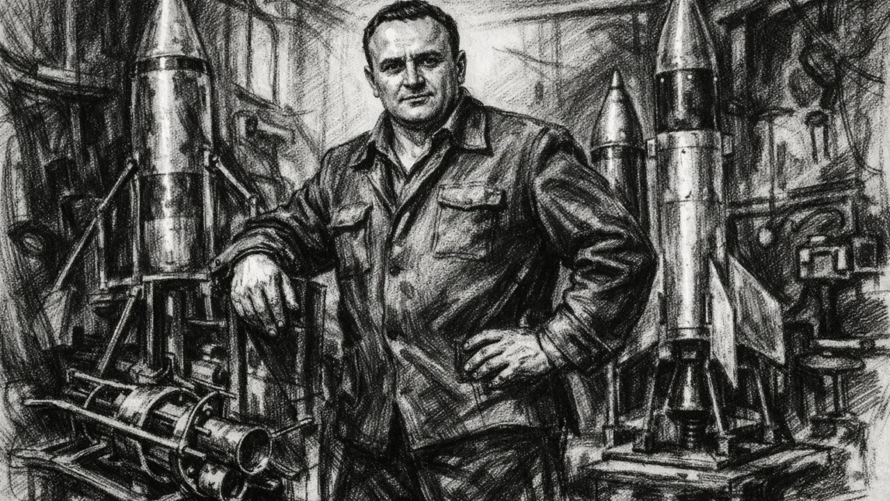 Sergey Korolev u ranoj fazi raketnog programa, ilustriran u ugalj stilu s industrijskom atmosferom.
