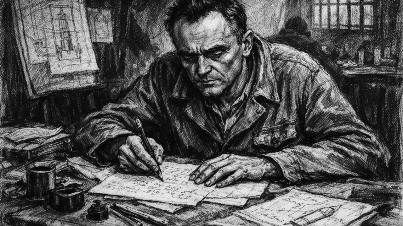 Teško razdoblje zatočeništva Sergeya Koroljeva, prikazano u ugalj stilu s tamnim tonovima.