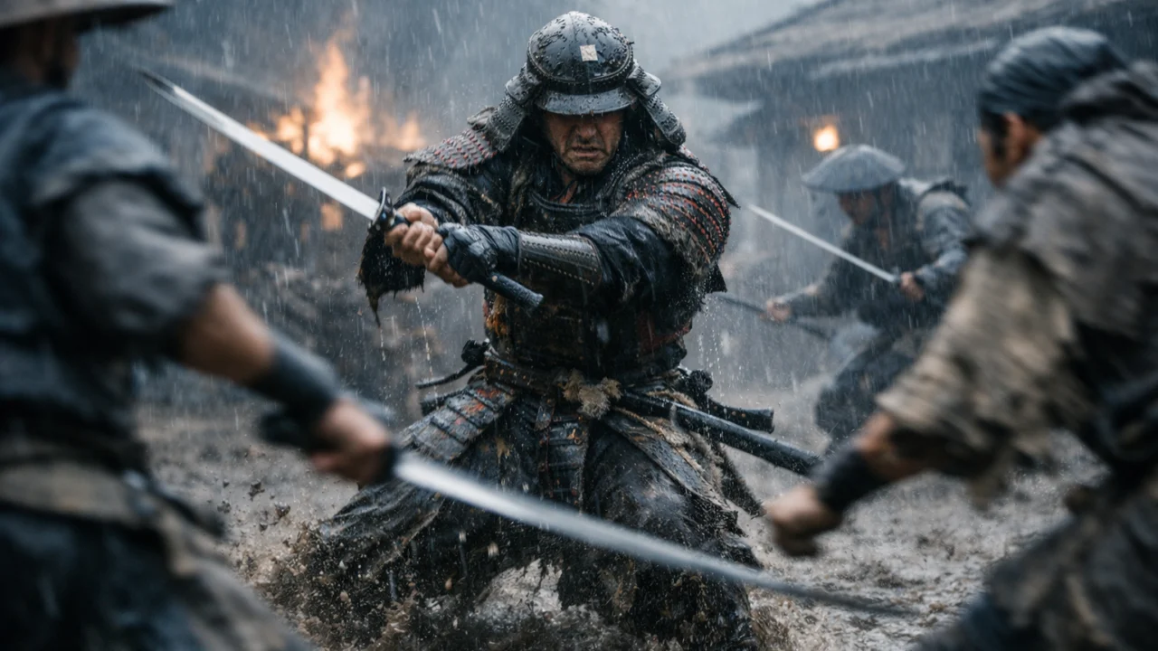 Samuraji brane selo u kišnoj završnoj bitci, jedna od najupečatljivijih scena filma Seven Samurai