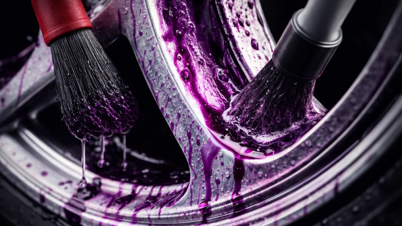 Iron remover uklanja kočionu prašinu s aluminijske felge, vidljiva ljubičasta reakcija bez oštećenja laka