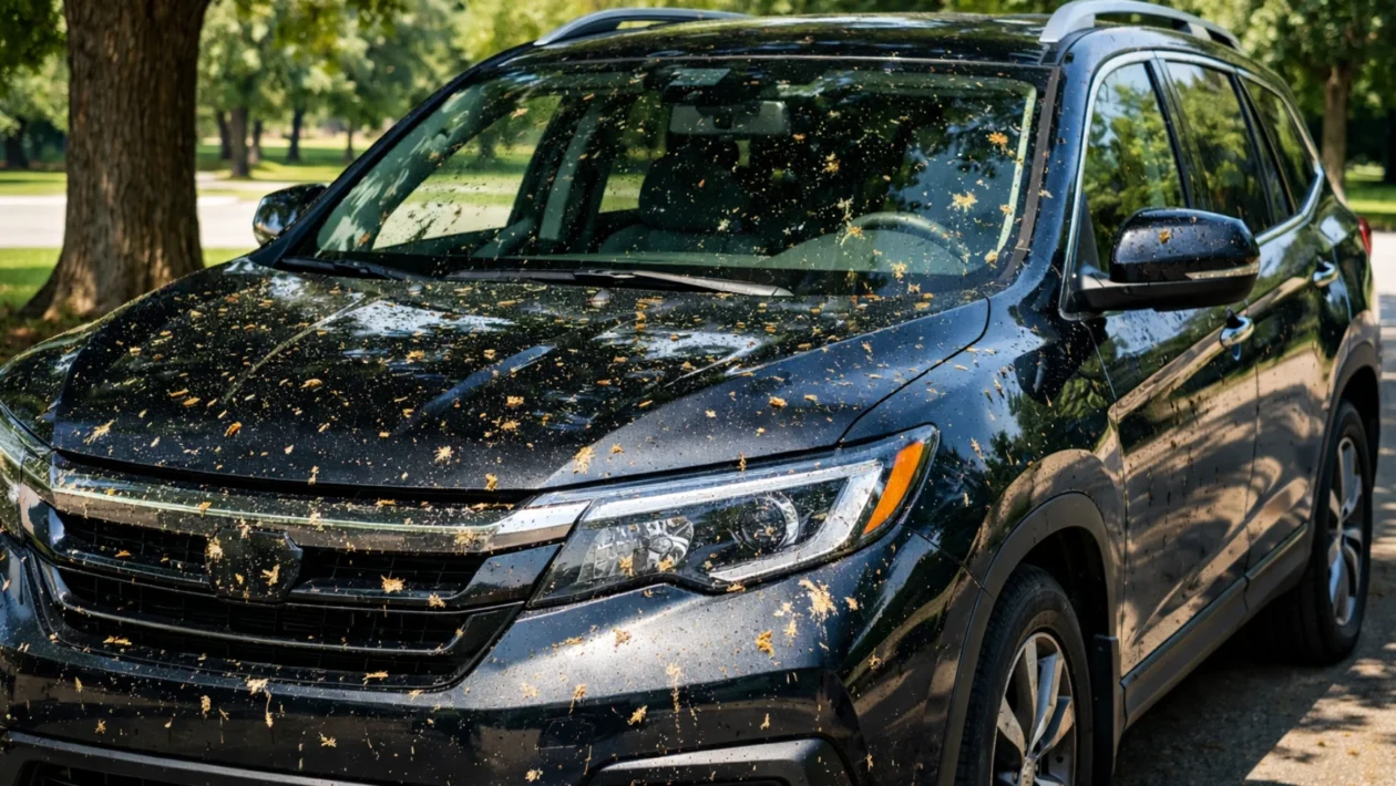 Automobil sa smolom i ostacima insekata na laku, prikaz problema uklanjanja nečistoća koje oštećuju boju vozila