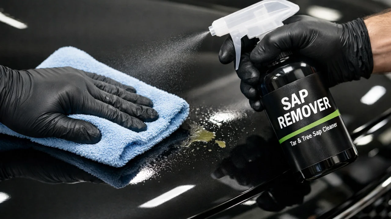 Nježno uklanjanje smole s laka vozila mikrofiber krpom i sigurnim sredstvom za čišćenje bez oštećenja boje
