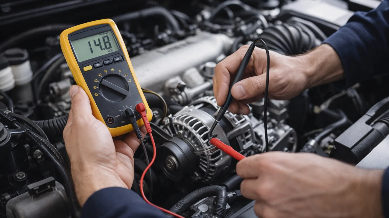 Mjerenje napona alternatora multimetrom na upaljenom motoru radi provjere ispravnosti punjenja
