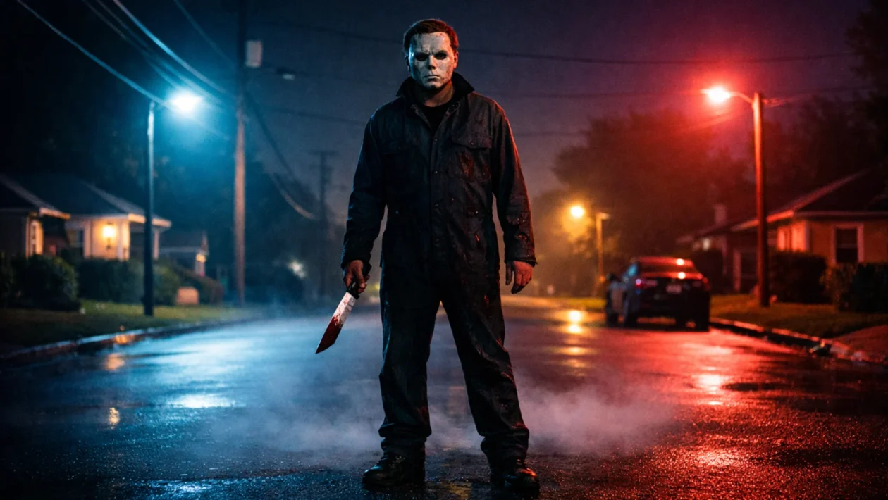 Hero slika slasher žanra s maskiranim ubojicom u noćnom predgrađu, simbol pravila i atmosfere klasičnih slasher filmova
