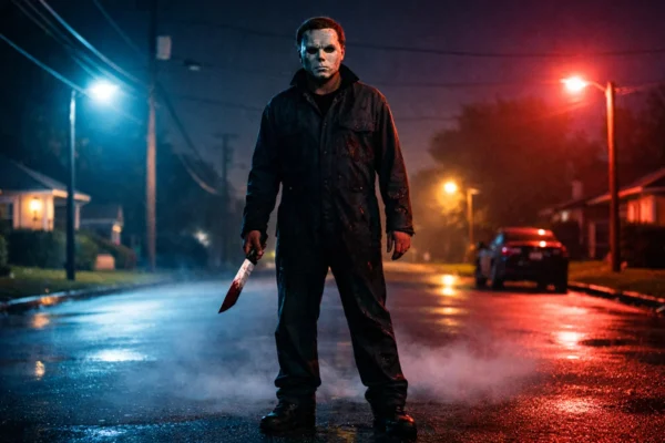 Hero slika slasher žanra s maskiranim ubojicom u noćnom predgrađu, simbol pravila i atmosfere klasičnih slasher filmova