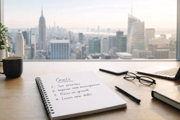 Široki kadar radnog prostora s planiranjem ciljeva, simbol SMART ciljeva i profesionalnog razvoja