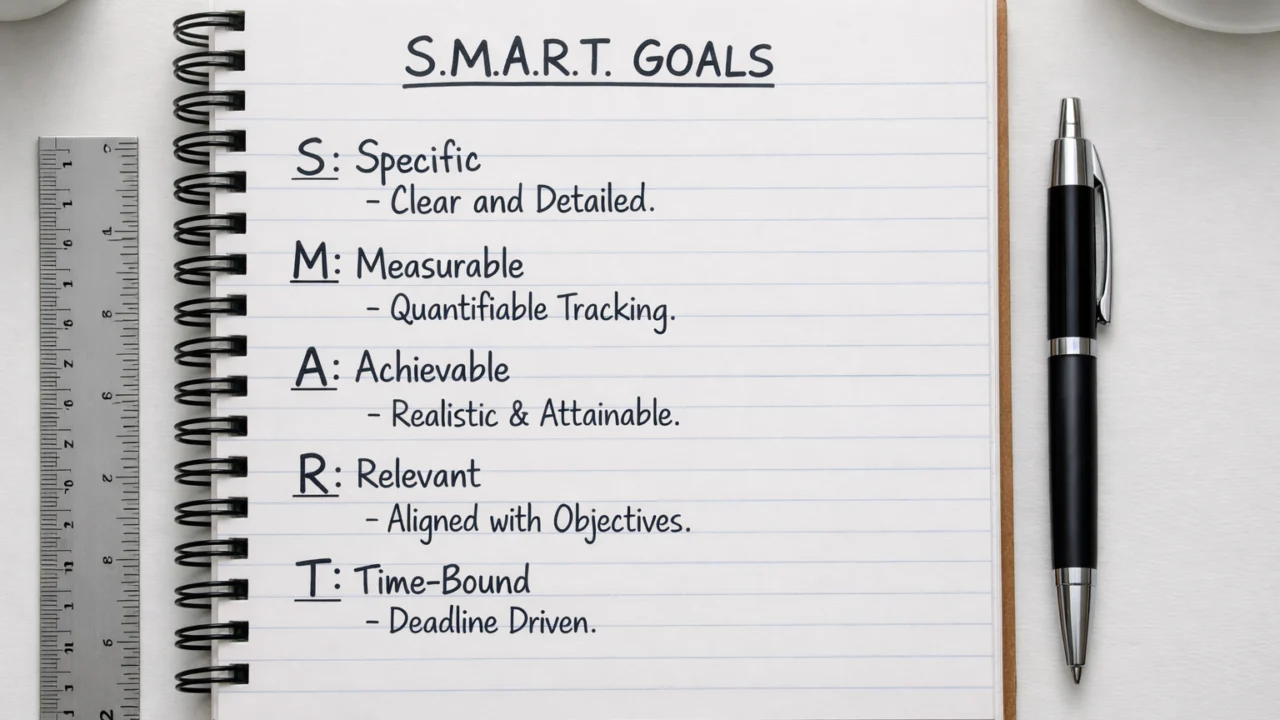 SMART metoda ciljeva prikazana kroz bilješke u rokovniku s jasno definiranim kriterijima