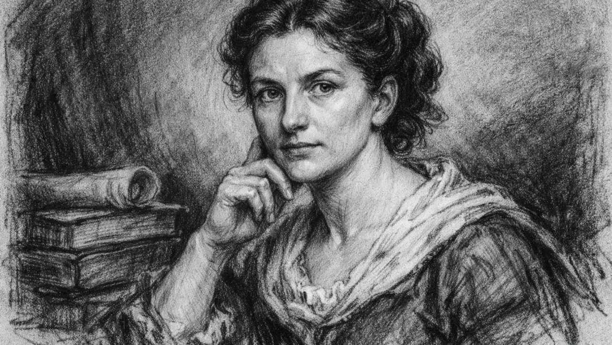 Portret Sophie Germain u ugalj stilu, crno-bijeli crtež visoke kontrastnosti koji prikazuje njezin inteligentan i odlučan izraz lica