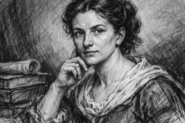 Portret Sophie Germain u ugalj stilu, crno-bijeli crtež visoke kontrastnosti koji prikazuje njezin inteligentan i odlučan izraz lica