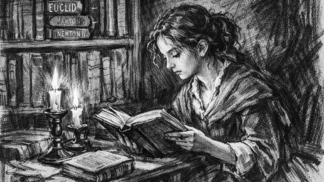 Mlada Sophie Germain u ugalj stilu kako potajno čita matematičke knjige u obiteljskoj knjižnici tijekom Francuske revolucije