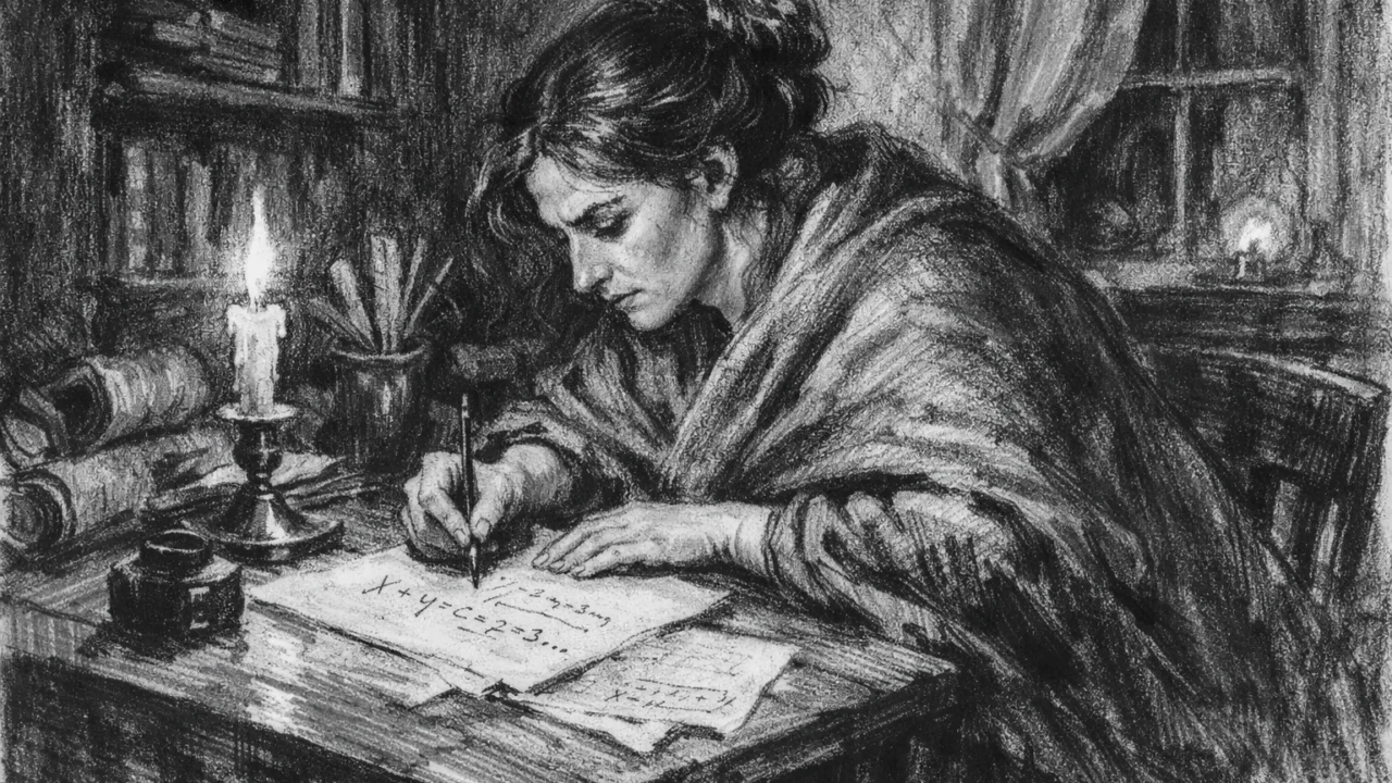 Sophie Germain u ugalj stilu kako samostalno uči matematiku noću, prikazana u intimnoj i emotivnoj sceni
