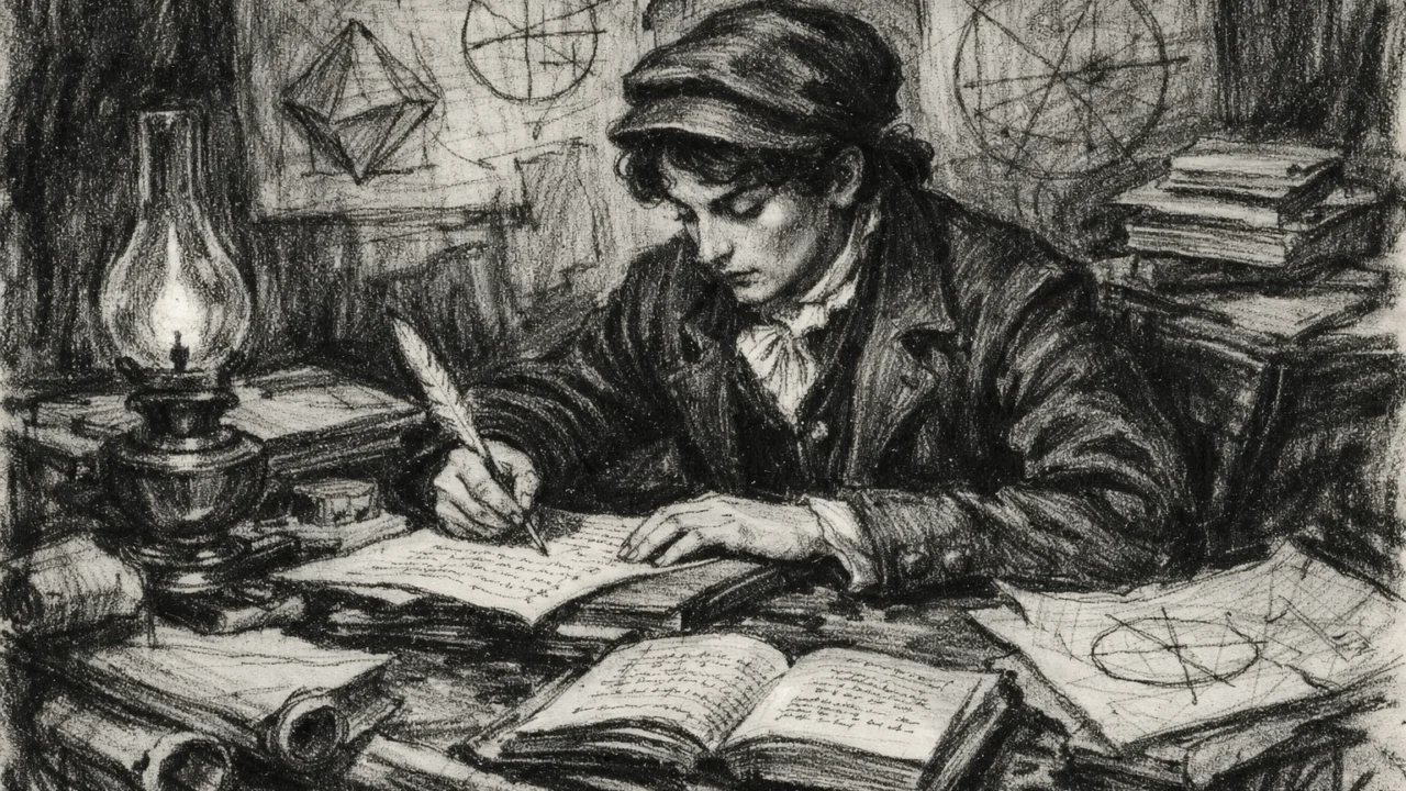 Sophie Germain u ugalj stilu dok koristi pseudonim M. LeBlanc i prepisuje predavanja s École Polytechnique