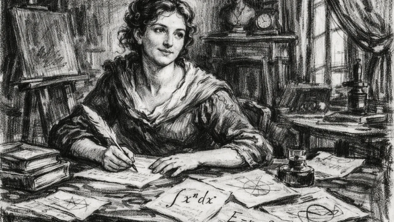 Sophie Germain u ugalj stilu dok piše pismo matematičaru Lagrangeu, okružena bilješkama i formulama