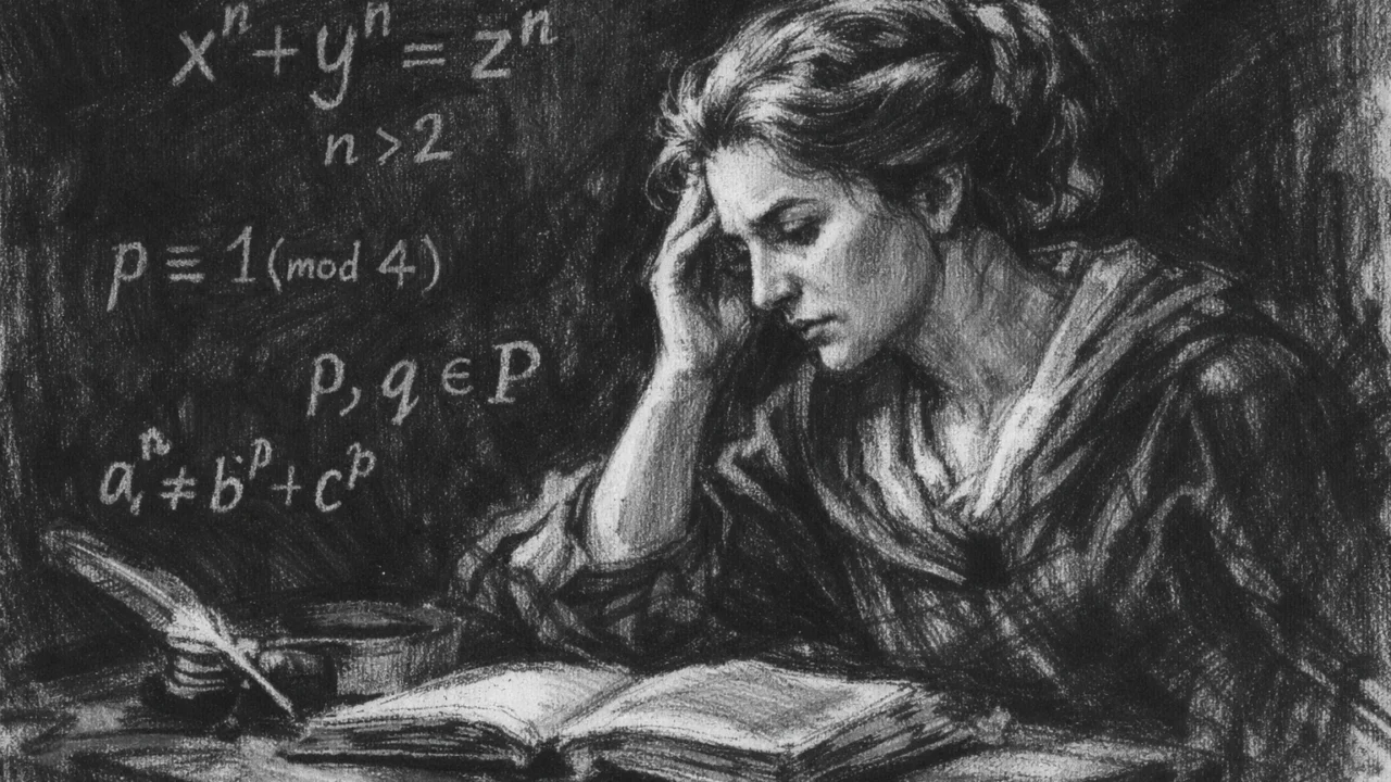 Sophie Germain u ugalj stilu prikazana u dubokom razmišljanju o teoriji brojeva i matematičkim problemima