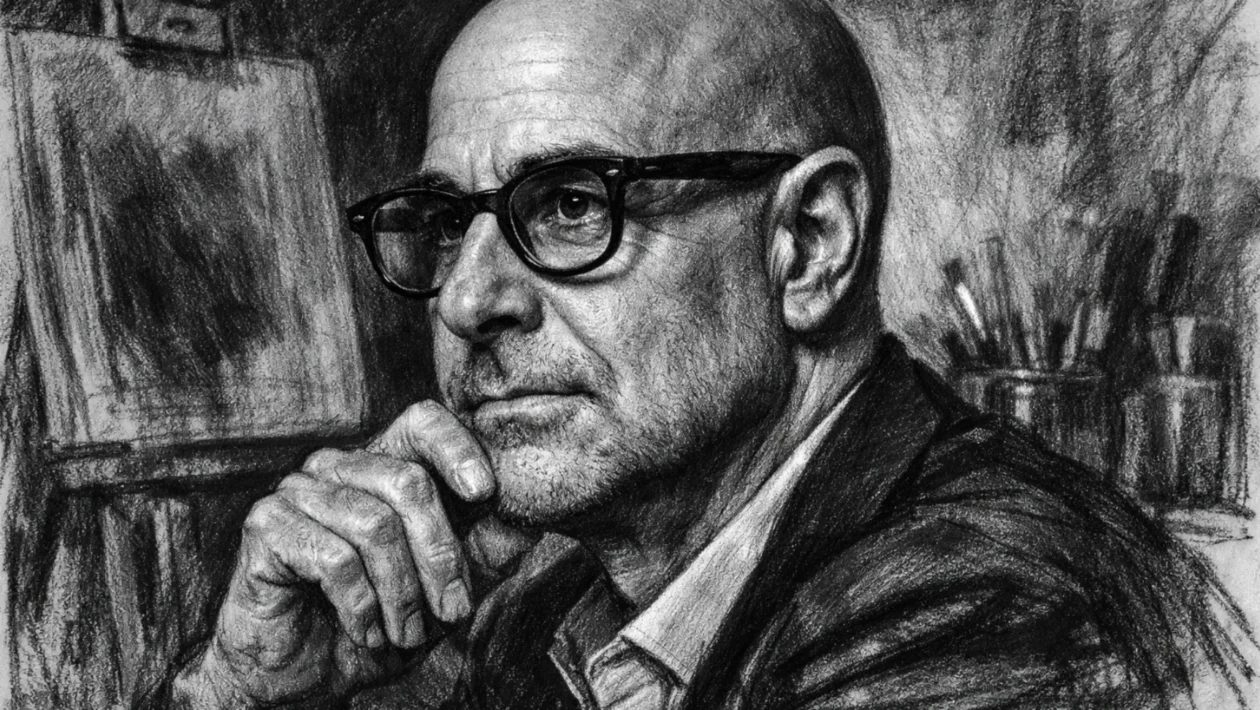 Portret Stanleyja Tuccija u ugalj stilu, crno-bijeli crtež visokog kontrasta