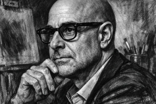 Portret Stanleyja Tuccija u ugalj stilu, crno-bijeli crtež visokog kontrasta