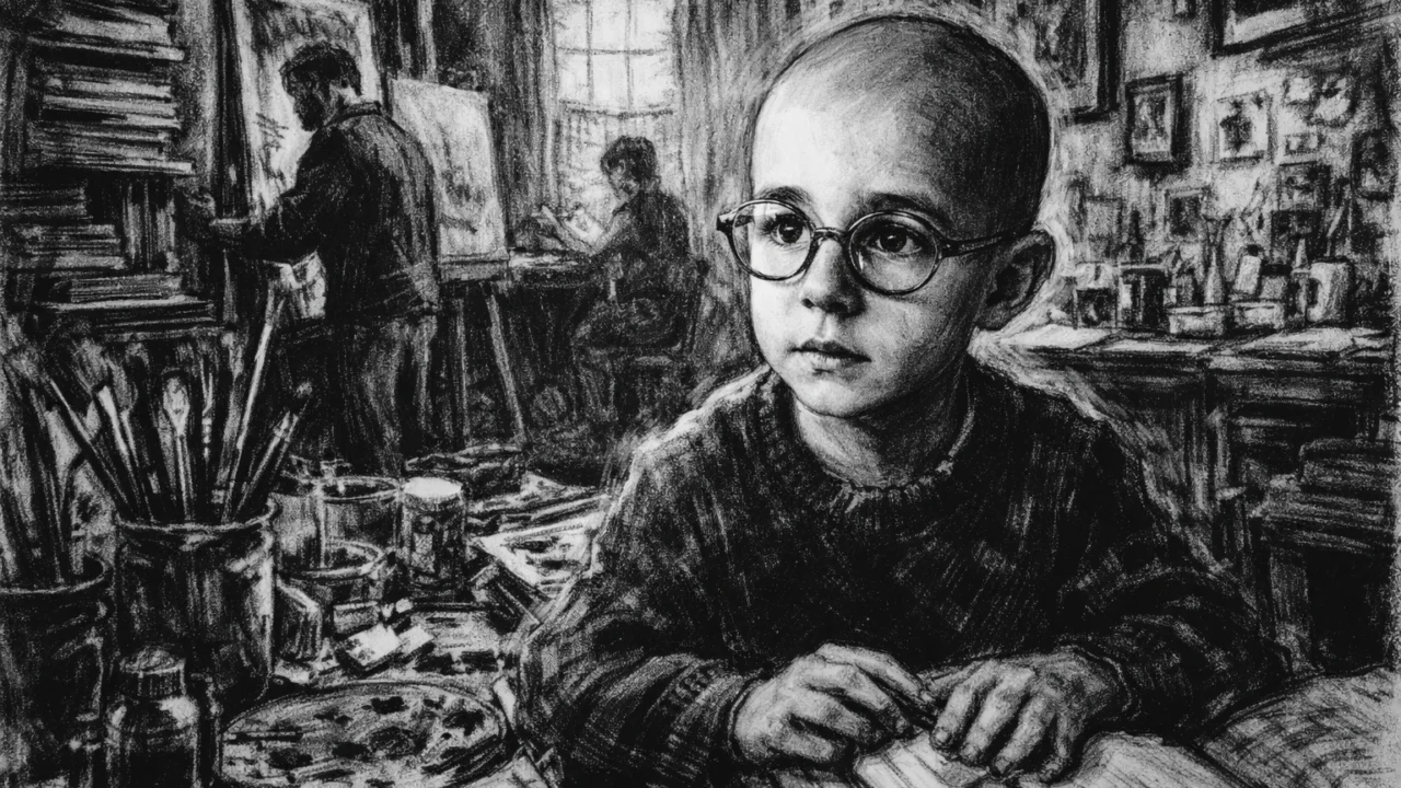 Prikaz djetinjstva Stanleyja Tuccija u kreativnom obiteljskom okruženju, ugalj stil