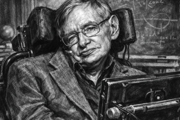Portret Stephena Hawkinga u invalidskim kolicima u ugalj stilu, crno-bijeli crtež visokog kontrasta.