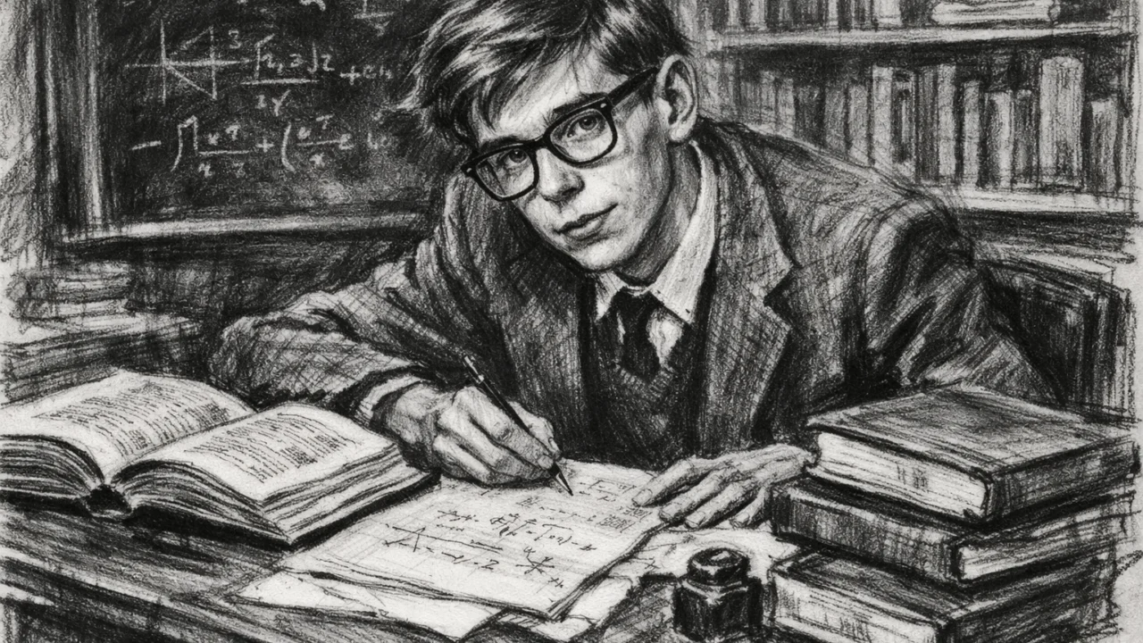 Mladi Stephen Hawking tijekom studija na Oxfordu prikazan u ugalj stilu, crno-bijeli crtež s izražajnim linijama.