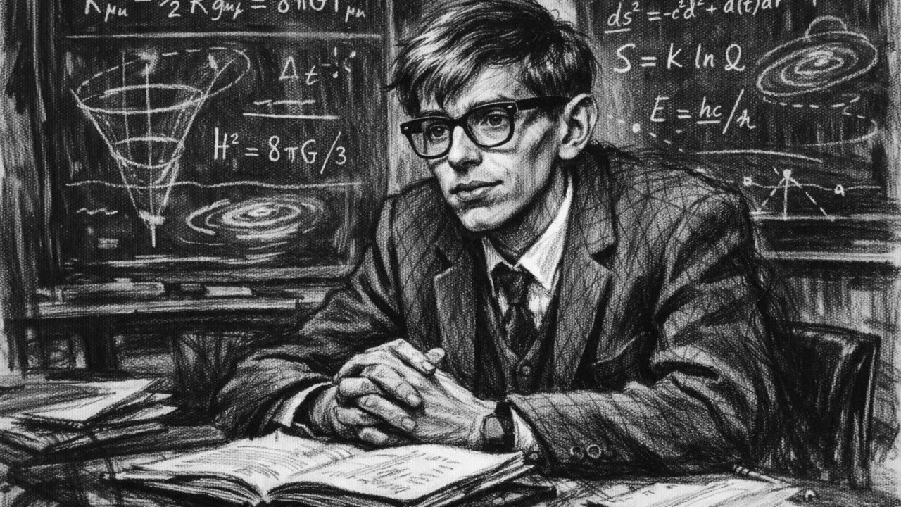 Stephen Hawking na Cambridgeu okružen kozmološkim jednadžbama, prikazan u ugalj stilu.