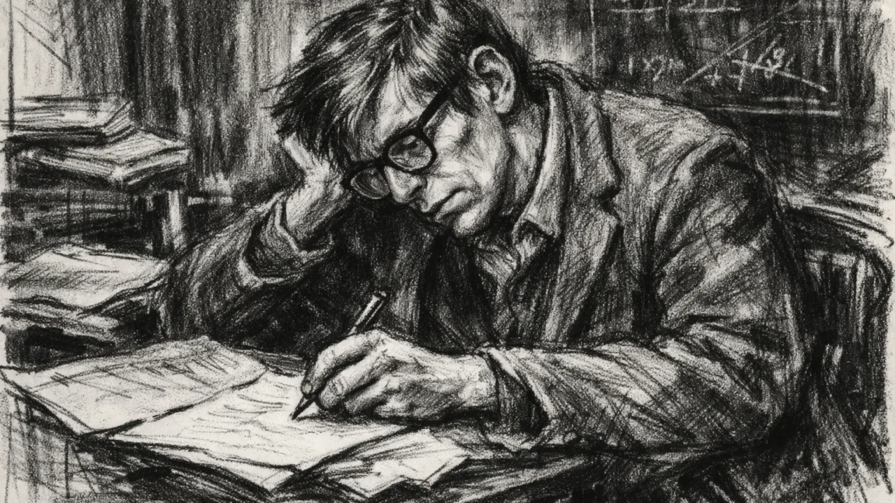 Stephen Hawking tijekom doktorskog rada unatoč bolesti, ilustriran u ugalj stilu s naglašenim kontrastom.