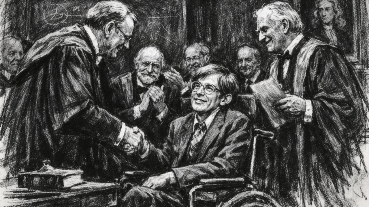 Stephen Hawking u trenutku znanstvenog priznanja prikazan u ugalj stilu, crno-bijela ilustracija.