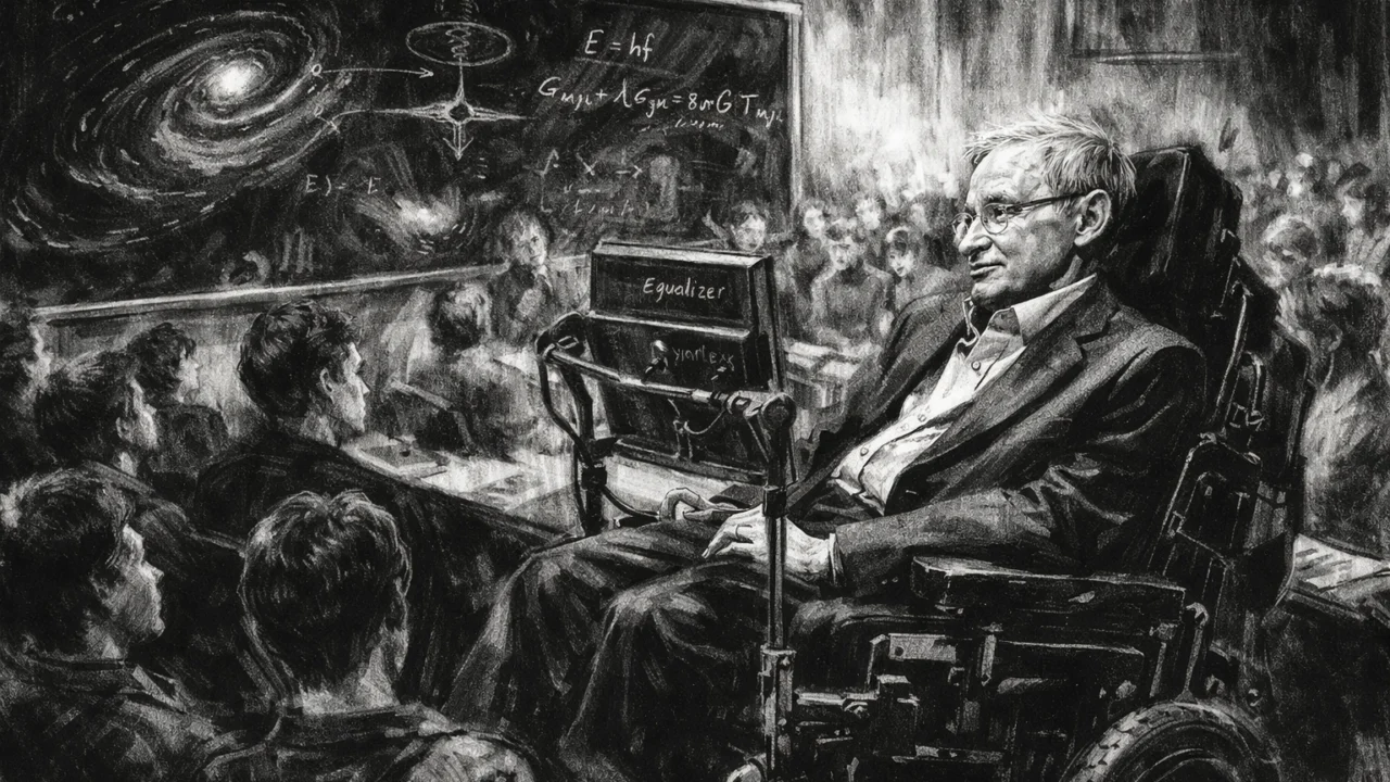 Stephen Hawking kao profesor matematike na Cambridgeu, prikazan u ugalj stilu s izražajnim linijama.