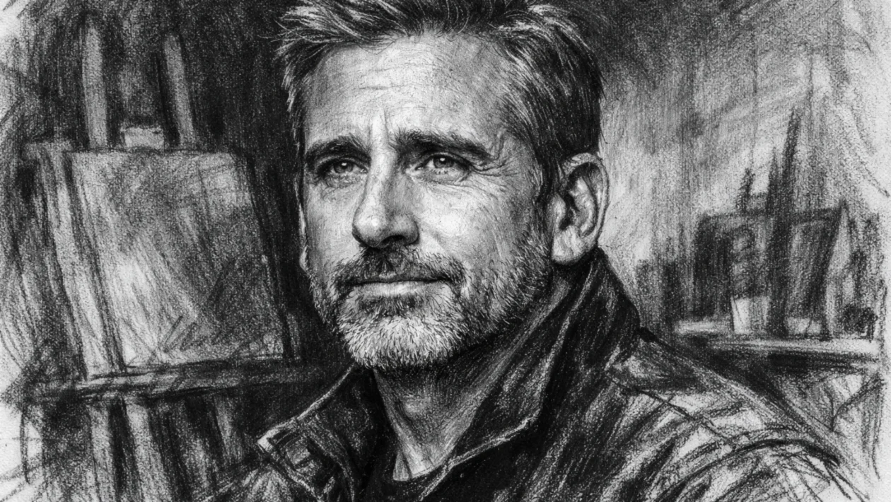 Portret Stevea Carella u ugalj stil crtežu, crno-bijeli izražajan portret s naglašenim kontrastom.