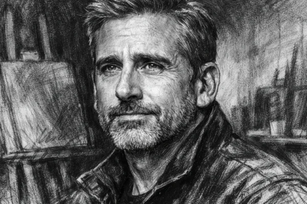 Portret Stevea Carella u ugalj stil crtežu, crno-bijeli izražajan portret s naglašenim kontrastom.