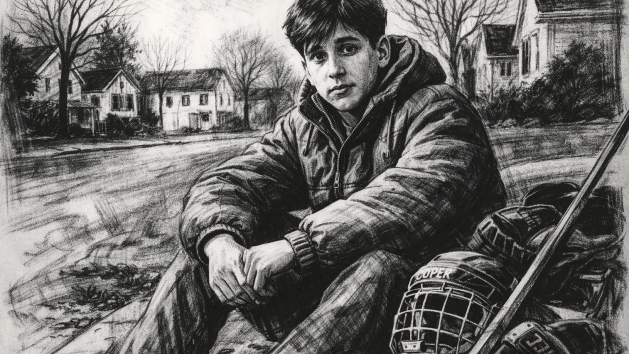 Mladi Steve Carell u prigradskom okruženju, prikazan u ugalj stil crtežu s naglaskom na rane godine.