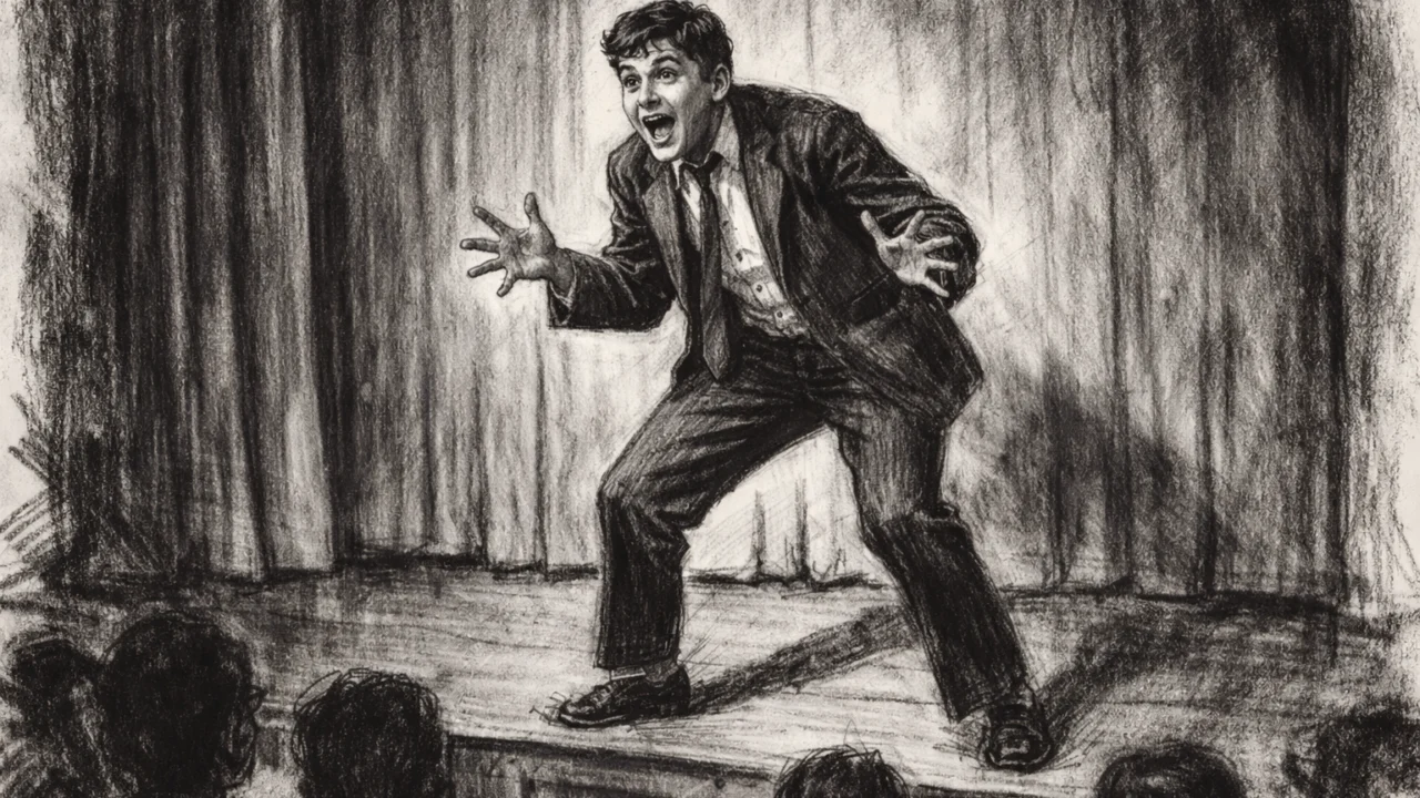 Steve Carell na školskoj kazališnoj pozornici, scena u ugalj stil crtežu s jakim kontrastom.