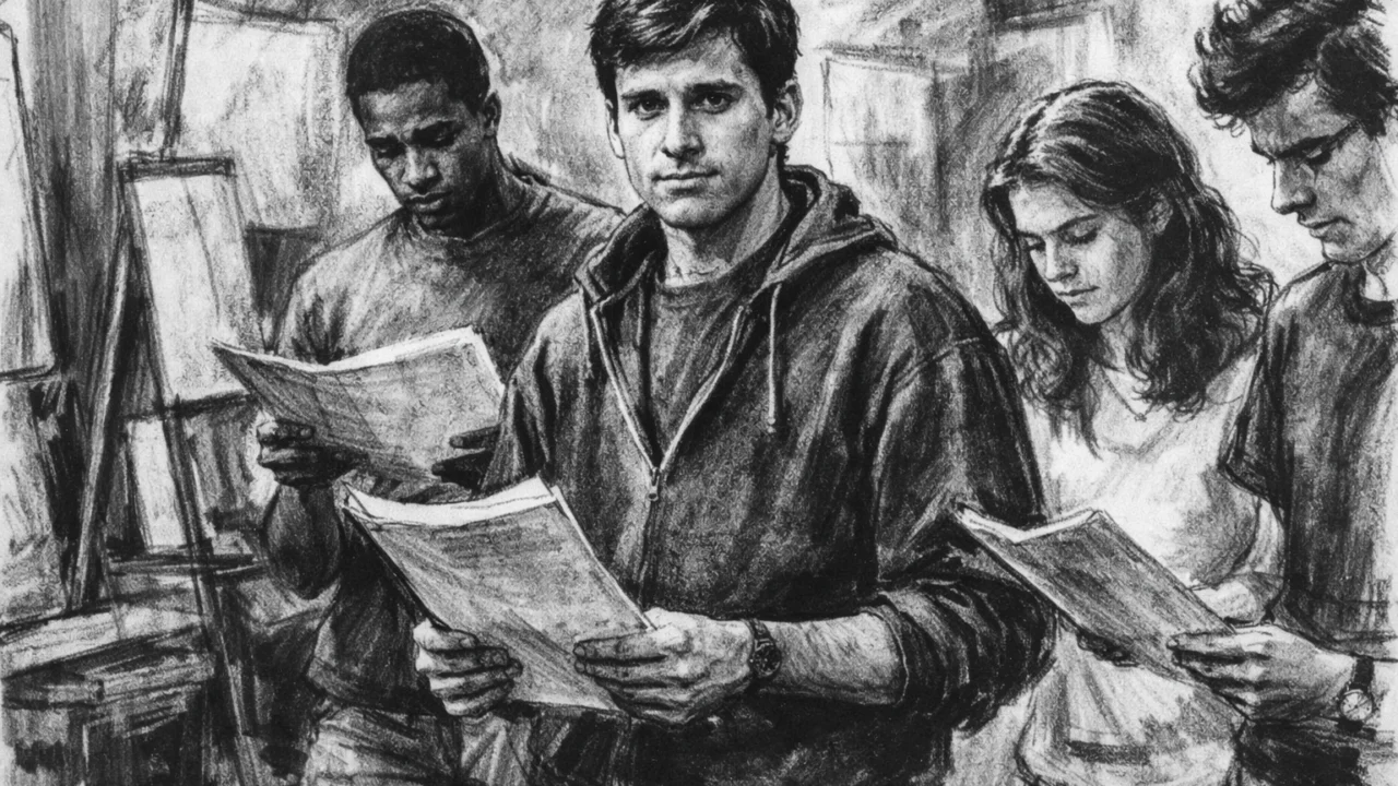 Steve Carell kao student na sveučilištu, prikazan u ugalj stil crtežu s naglašenim linijama.