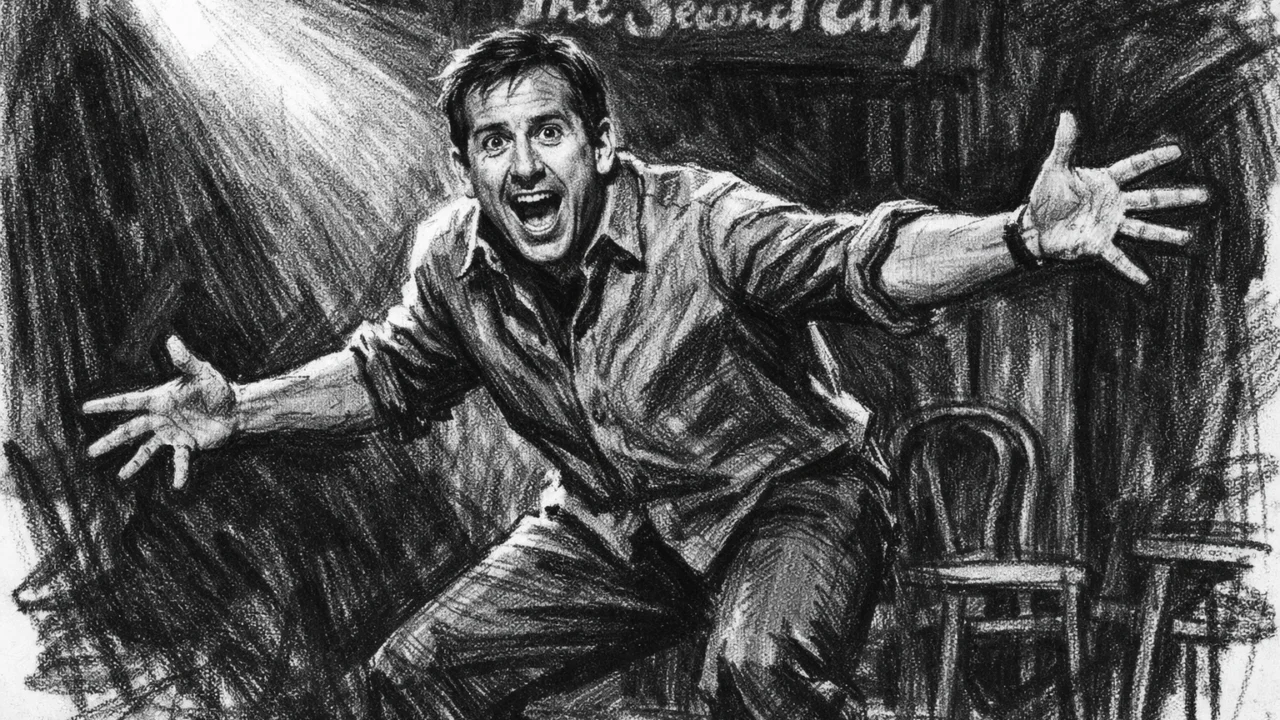 Steve Carell na improvizacijskoj pozornici u Chicagu, scena u ugalj stil crtežu.