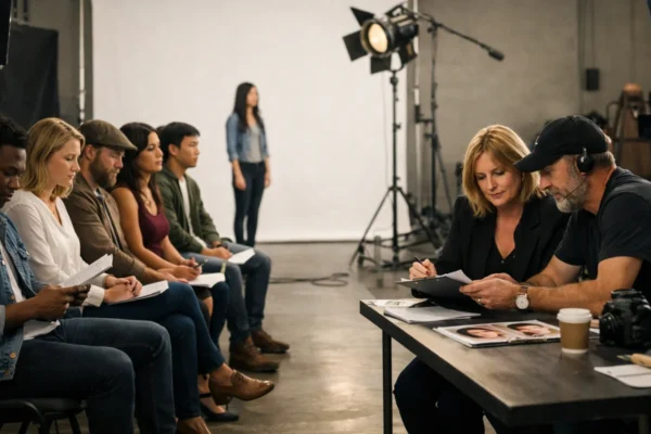 Profesionalni filmski casting u studiju s glumcima i redateljem, proces koji odlučuje uspjeh filma